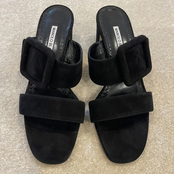 Manolo Blahnik Titubanew Suede Buckle Slide Sandals - Picture 2 of 7